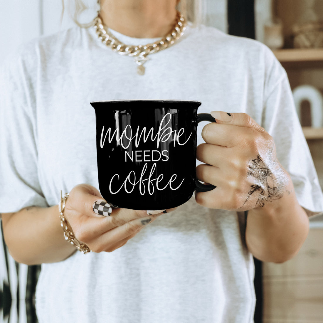 Funny Mom Coffee Mug Black Ceramic Double-Sided Mombie Design
14.5oz Black Ceramic Mom Mug Mombie Needs Coffee